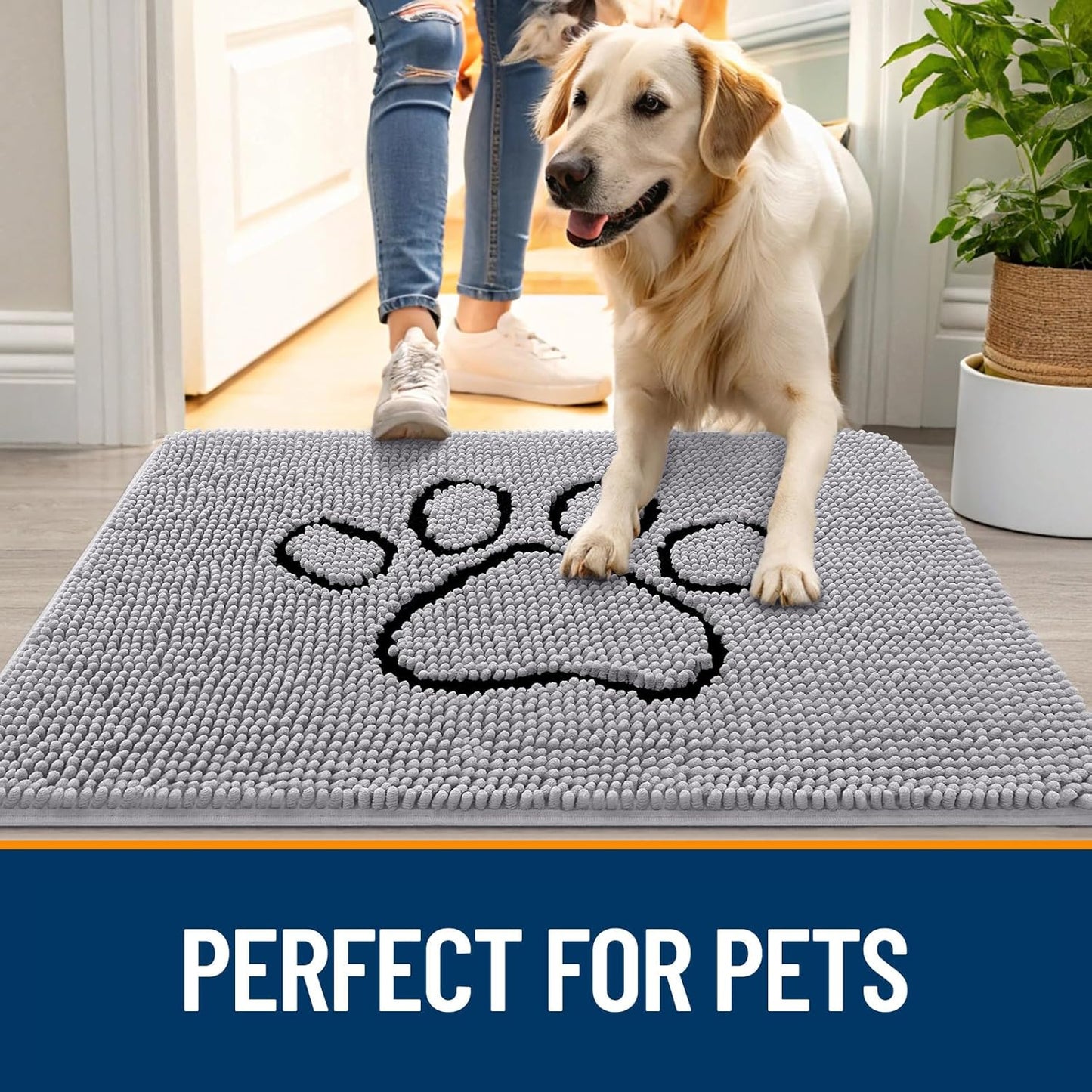 OLANLY Dog Door Mat - Absorbent Muddy Paws Doormat | Non-Slip Chenille, Quick Dry, 48x30, Light Grey