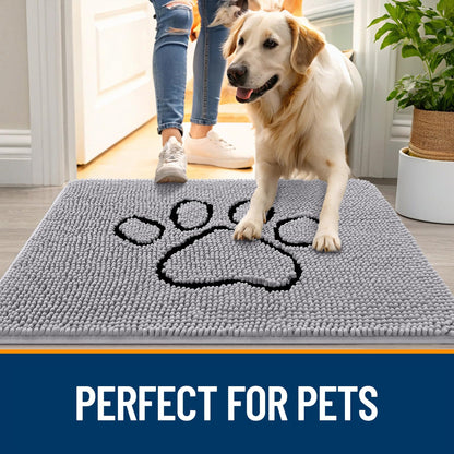 OLANLY Dog Door Mat for Muddy Paws 48x30, Paw Print Design, Absorbs Moisture and Dirt, Non-Slip Washable Doormat, Quick Dry Chenille Mud Mat for Dogs, Entry Indoor Entryway Carpet, Light Grey