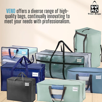 VENO Clear Moving Bags - 90L Extra Large Transparent Storage Totes | Heavy Duty, Reinforced Handles & Zippers