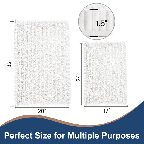 H.VERONNEX Luxury Chenille White Bathroom Rugs Sets 2 Piece, Thickened Hot Melt Rubber Bottom Bath Mats for Bathroom Non Slip,Bath Rugs Quick Dry Machine Washable for Shower Mat (32"x20"+17"x24")