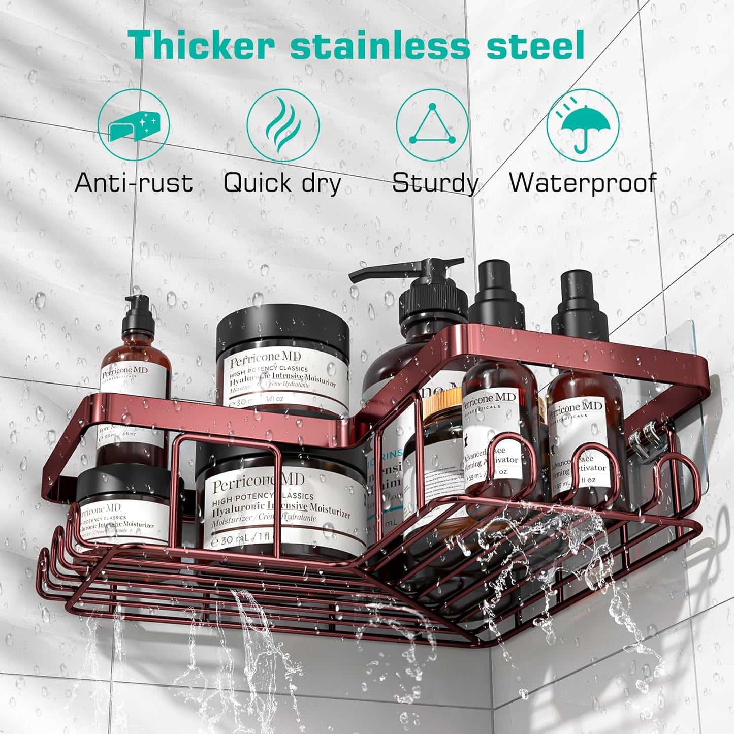 YASONIC Corner Shower Caddy - 3-Pack Adhesive Organizer with Soap Holder & 12 Hooks | Rustproof Stainless Steel, Bronze