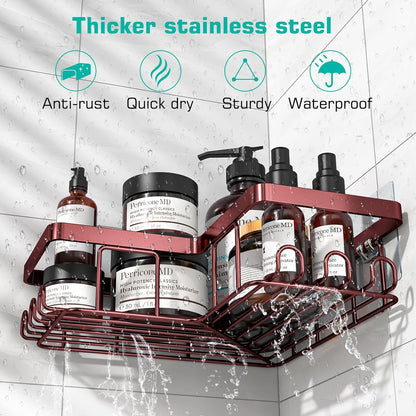 YASONIC Corner Shower Caddy - 3-Pack Adhesive Organizer with Soap Holder & 12 Hooks | Rustproof Stainless Steel, Bronze