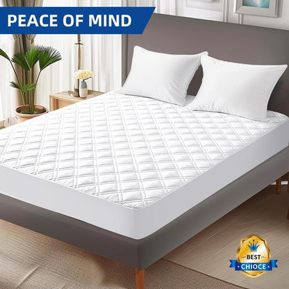 MEELUS Padded King Mattress Protector, Breathable Waterproof Mattress Pad Cover Fitted Deep Pocket 8"-21", Soft Noiseless Mattress Cover Washable Cooling for Home Hotel Bedroom, White