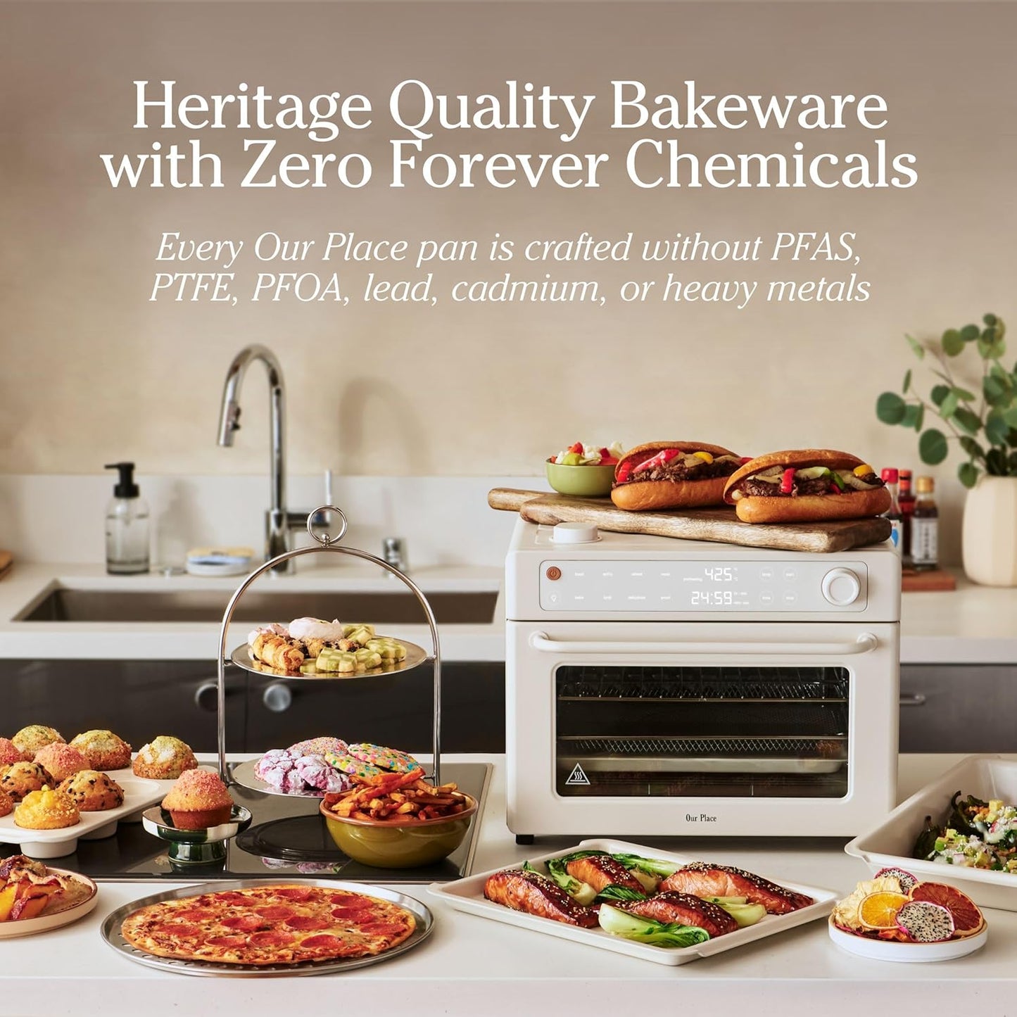 Our Place Wonder Oven Pro Chef’s Kit - Non-Toxic Bakeware Set with Roasting Pan & Muffin Pan | Oven Safe to 450°F | Cream