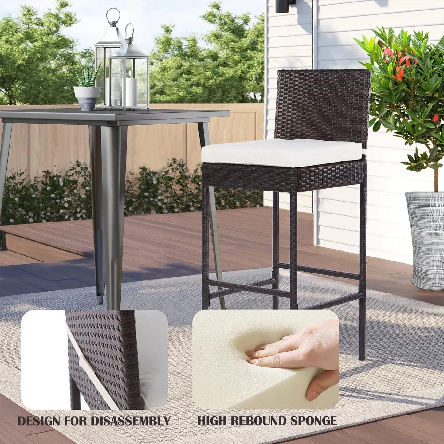PayLessHere Rattan Bar Stools - Set of 2 Outdoor Wicker Chairs with Backrest & Cushion, Brown