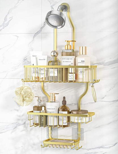 YASONIC Shower Caddy Organizer - Rustproof Aluminum Over-the-Showerhead Rack with 10 Hooks & Soap Basket - Gold