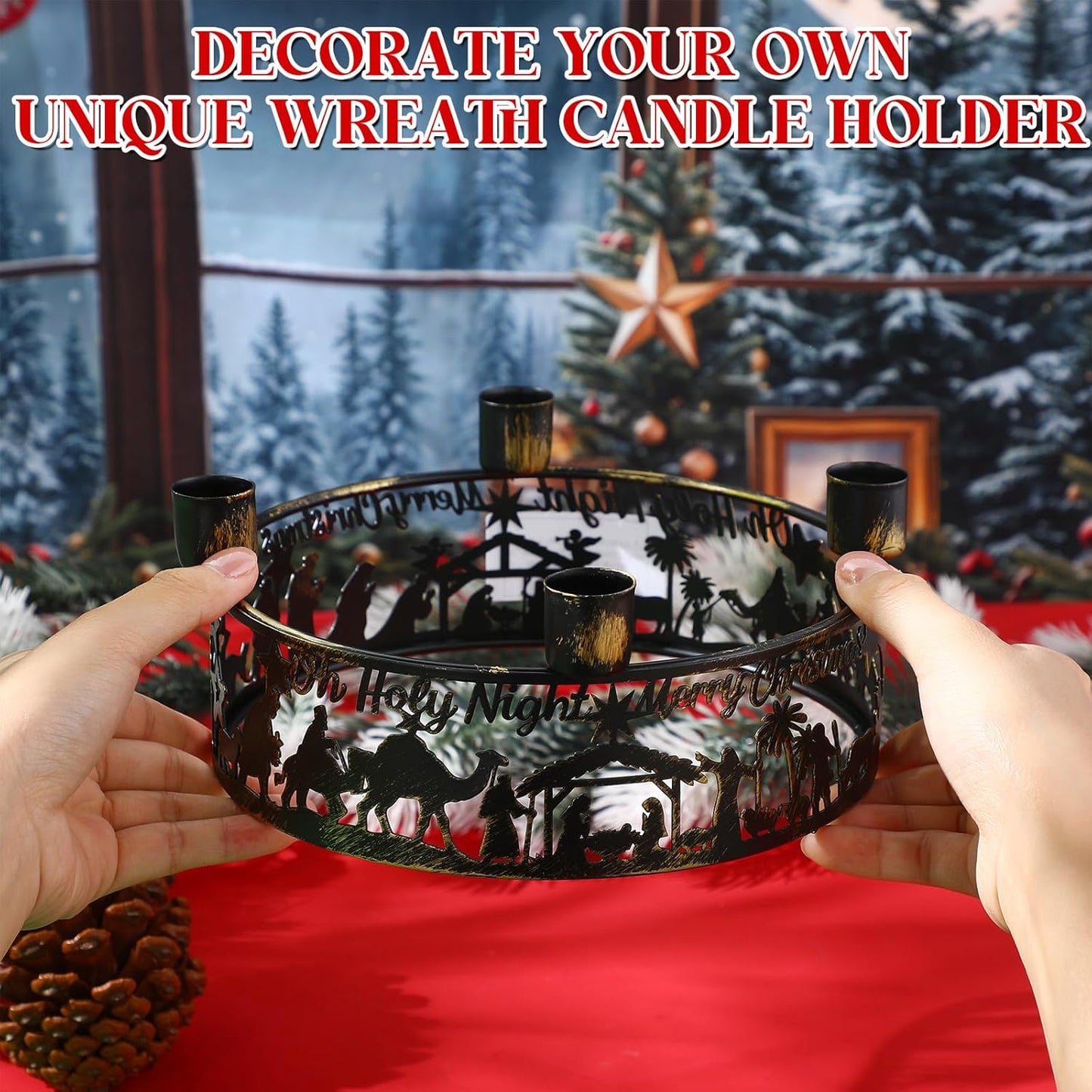 Blulu Advent Wreath Candle Holder - Rustic Nativity Scene Metal Jesus Set | Christmas Centerpiece Decor
