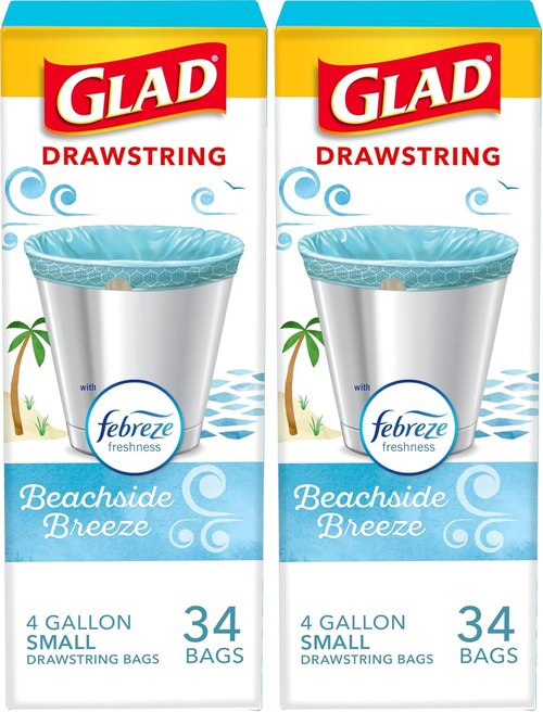 Glad Small Trash Bags - 4 Gallon Odor Resistant with Febreze Beachside Breeze | 34 Count (Pack of 2)