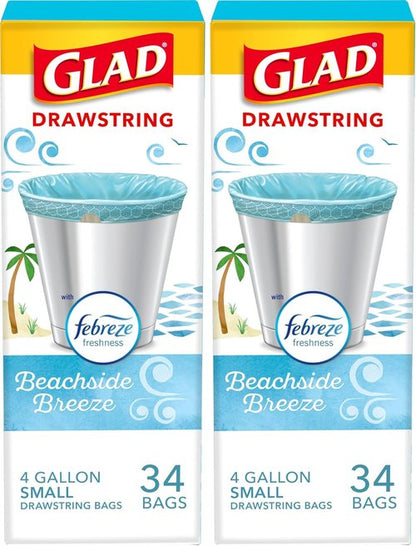 Glad Small Trash Bags - 4 Gallon Odor Resistant with Febreze Beachside Breeze | 34 Count (Pack of 2)