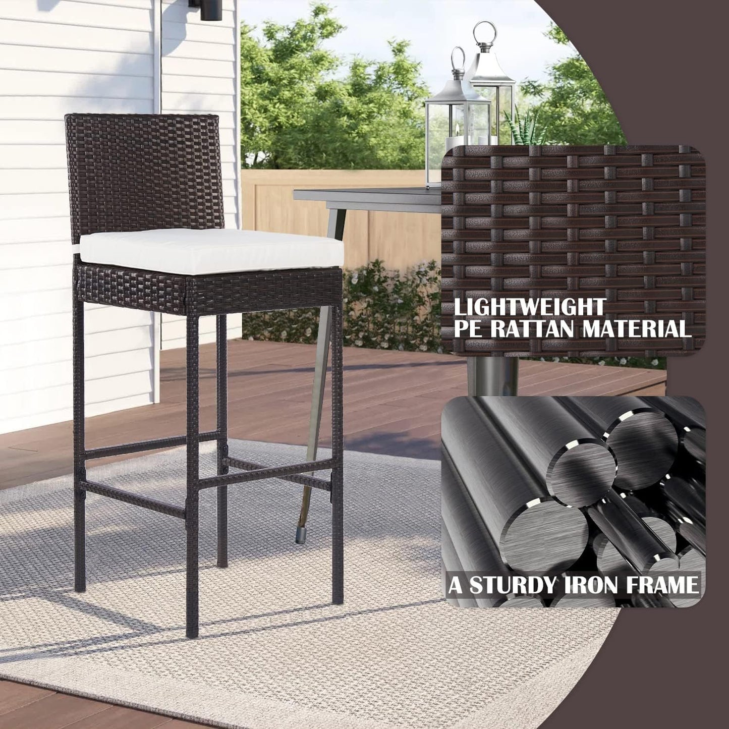 PayLessHere Rattan Bar Stools - Set of 2 Outdoor Wicker Chairs with Backrest & Cushion, Brown