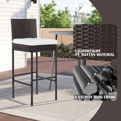 PayLessHere Rattan Bar Stools - Set of 2 Outdoor Wicker Chairs with Backrest & Cushion, Brown