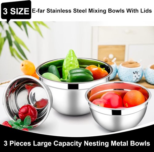 E-far Stainless Steel Mixing Bowls - 6-Piece Set with Airtight Lids & Stackable Design | 4.5, 3, 1.5 QT (Black)