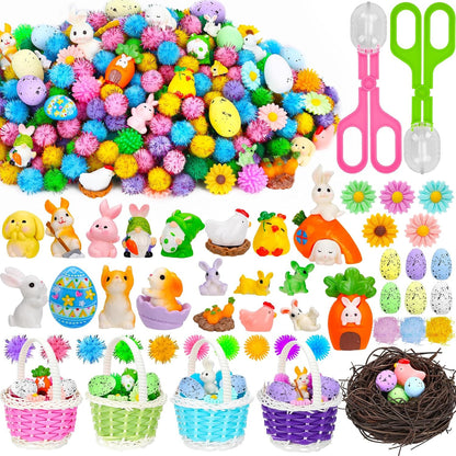 Skiennix Easter Sensory Bin Filler | 287 Pcs with Eggs, Bunnies, Felt Flowers & Pom Poms for Counting Fun