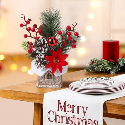 Hatisan Artificial Christmas Tree - Small Tabletop Design with Ornaments & Pine Cones | Red for Holiday Decor