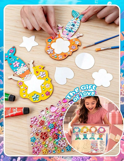 Mermaid Variation 16Pcs Wooden Princess Mirror Craft Party Favors for Kids DIY Decorate