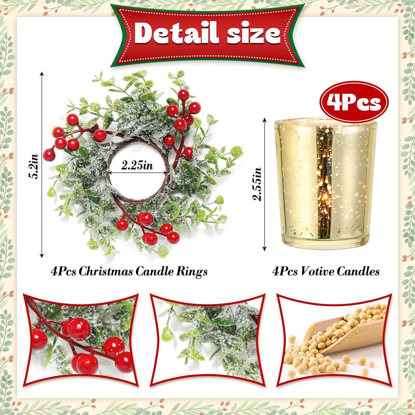 Regine Switzerland Christmas Candle Ring - 4 Pcs Gold Votive Candles with Red Berry Wreath for Holiday Centerpiece