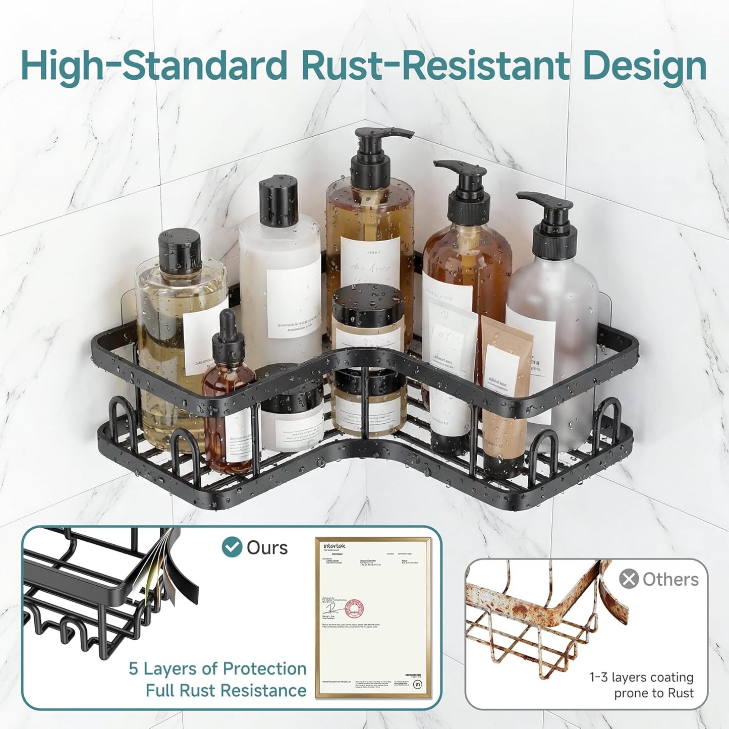 Veken Corner Shower Caddy - Rustproof Adhesive Shelves with Soap Holder | Large Capacity Bathroom Organizer - Black