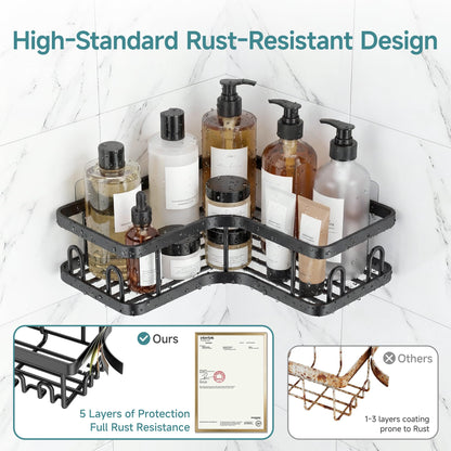 Veken Corner Adhesive Shower Caddy 4-Pack with Soap Holder&Hooks,No Drilling Shower Shelves,Rustproof & Waterproof Bathroom Organizers and Storage,Rack for Small Spaces, Kitchen&Rental-Friendly,Black