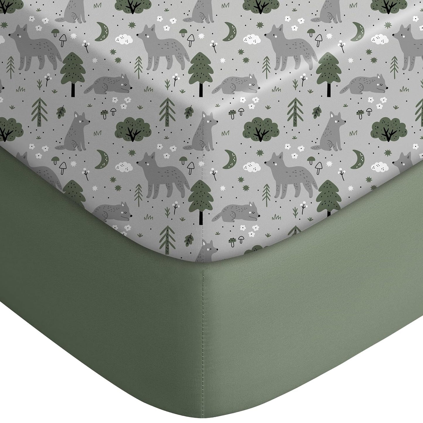Yoofoss Fitted Pack and Play Sheets - Soft & Breathable Mini Crib Sheets 2-Pack in Gray-Green & Fox