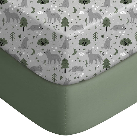 Yoofoss Fitted Pack and Play Sheets - Soft & Breathable Mini Crib Sheets 2-Pack in Gray-Green & Fox