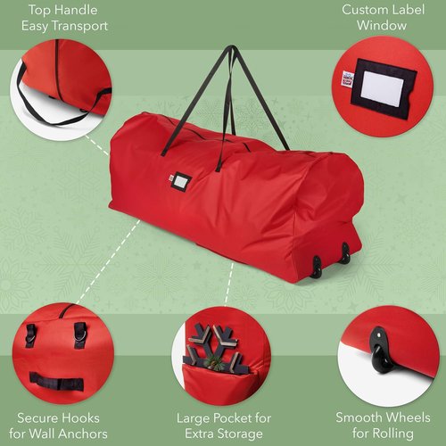 Holiday Cheer Christmas Tree Storage Bag - Heavy Duty Waterproof Bag with Wheels for 7.5ft Artificial Trees | Durable Handles & Zipper (Red)