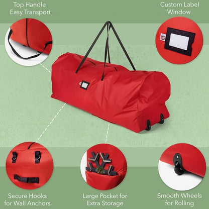 Holiday Cheer Christmas Tree Storage Bag - Heavy Duty Waterproof Bag with Wheels for 7.5ft Artificial Trees | Durable Handles & Zipper (Red)