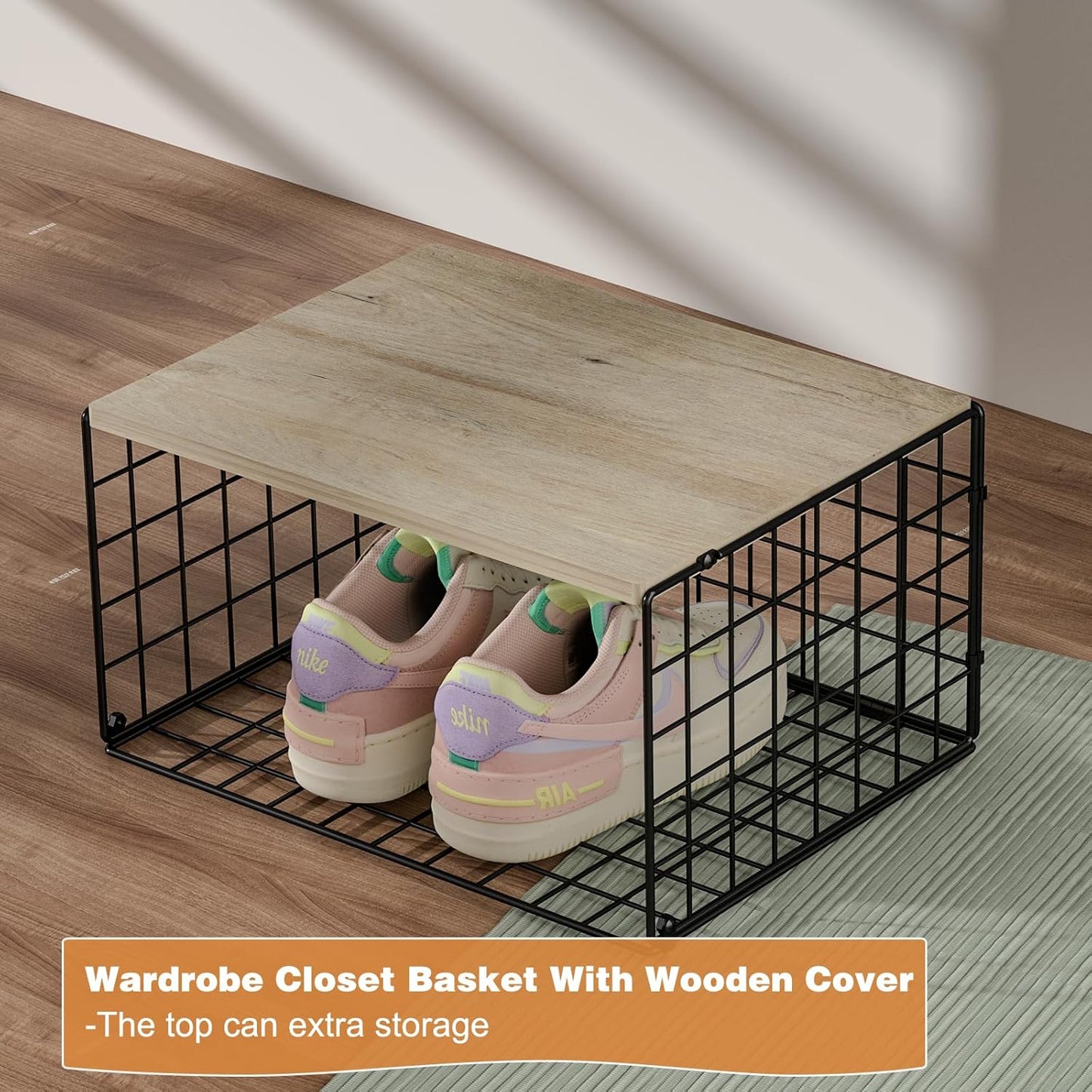 Sturdy Metal Black Closet Organizers - Extra-Long Stackable Shelf Storage with Wood Top | 3 Pack for Space-Saving