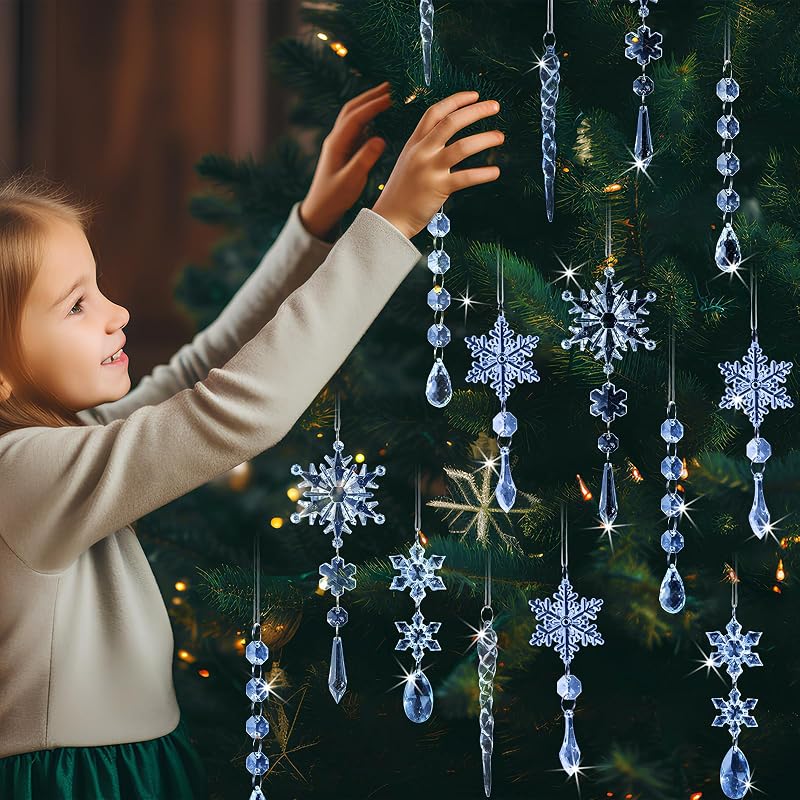 Blue Acrylic Snowflake Ornament + 36 Pcs — Crystal Icicle Holiday Decorations for Christmas Tree