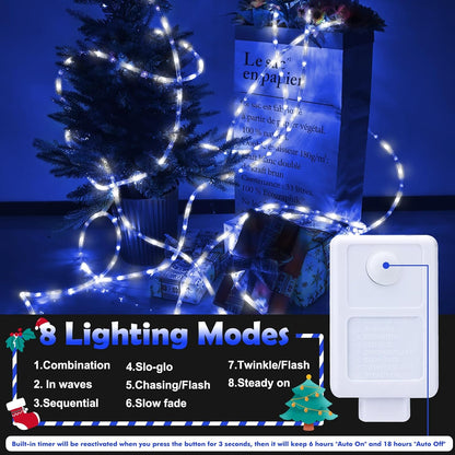 Skiennix 150ft LED Rope Lights - Waterproof, Connectable & Flexible Tube Lights for Indoor/Outdoor Decor | 8 Modes, White & Blue