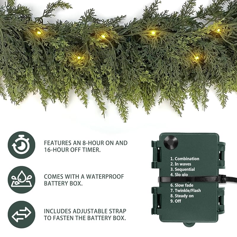 6ft Cedar Christmas Garland with 20 LEDs & Timer - Cedar-A+6 ft