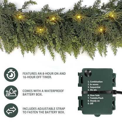 6ft Cedar Christmas Garland with 20 LEDs & Timer - Cedar-A+6 ft