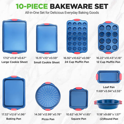 NutriChef 10-Piece Nonstick Bakeware Set | Premium Carbon Steel Pans with Silicone Handles - Blue