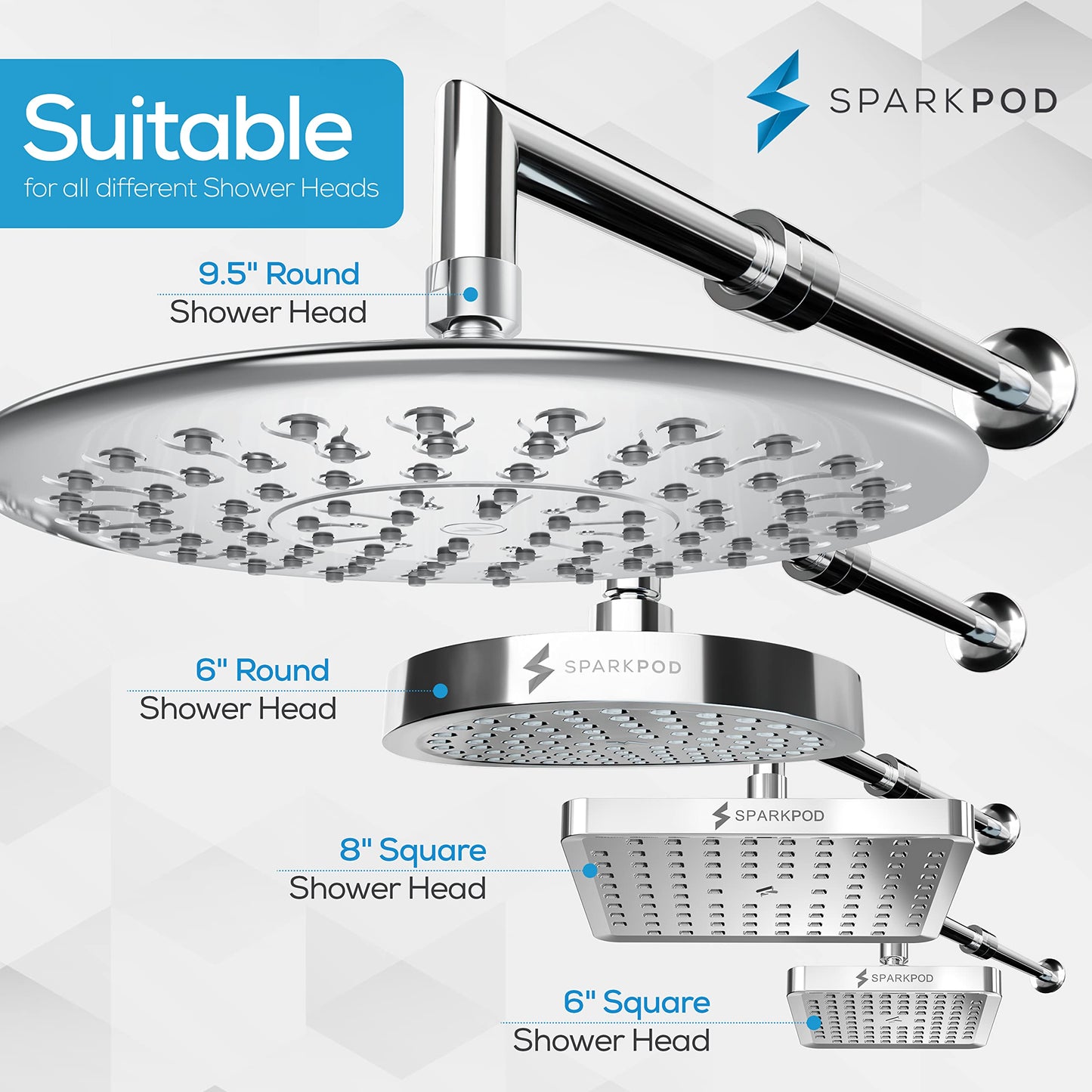 SparkPod 11 Inch Expandable Shower Arm with Flange - Solid Stainless Steel Shower Head Extension Arm, Wall-Mounted - Extends up to 18" - Plumber's Tape Included (Expandable, Luxury Polished Chrome)