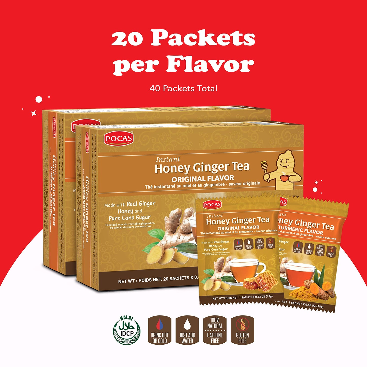 Pocas Honey Ginger Tea Variety Set - Instant Tea Powder Packets, Ginger Honey Crystals Tea, Original & Turmeric Flavors, Non-GMO/Gluten Free/Caffeine Free Tea, 20 Count (Pack of 2)