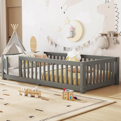 Twin Size Montessori Floor Bed with Door, Fence & Slats – Grey + Twin