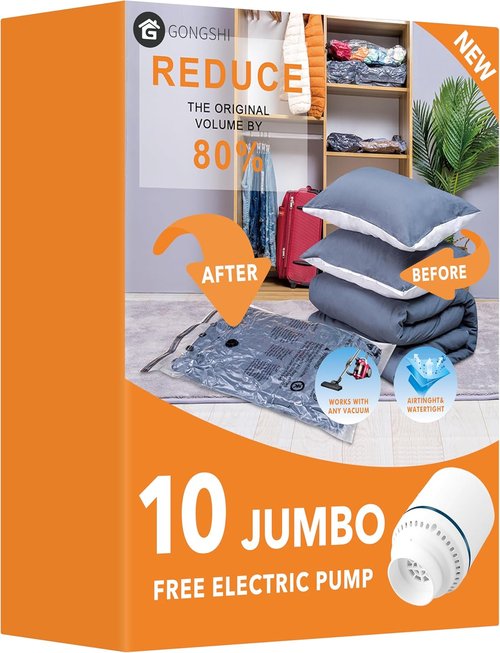GONGSHI Vacuum Seal Bags - Jumbo Space Saver for Clothing & Bedding with Electric Pump | 10-Pack