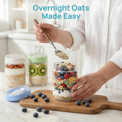 Vtopmart 16 oz Overnight Oats Containers - Airtight Glass Jars with Lids & Folding Spoons | 6 Pack