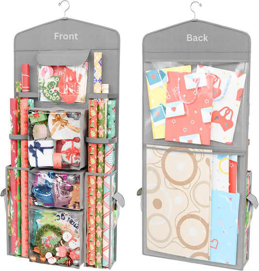 ProPik Christmas Wrapping Paper Storage Organizer - Double-Sided with Multiple Pockets, 40"X17" Clear PVC Bag (Grey)