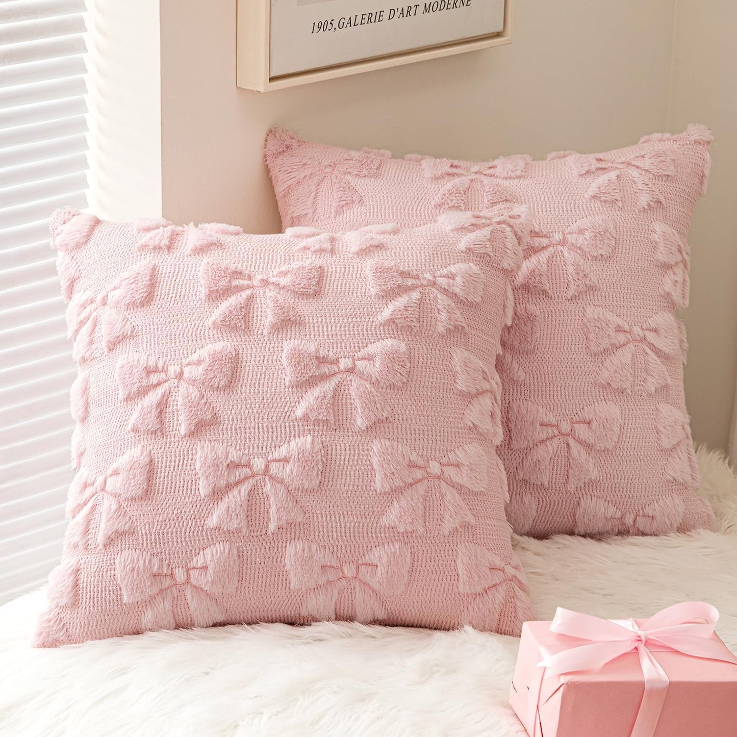 MIULEE Light Pink Bow Pillow Covers - Soft Plush Decorative Set of 2 | 18x18 Inch Aesthetic Room Decor