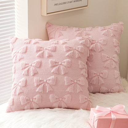 MIULEE Light Pink Bow Pillow Covers - Soft Plush Decorative Set of 2 | 18x18 Inch Aesthetic Room Decor