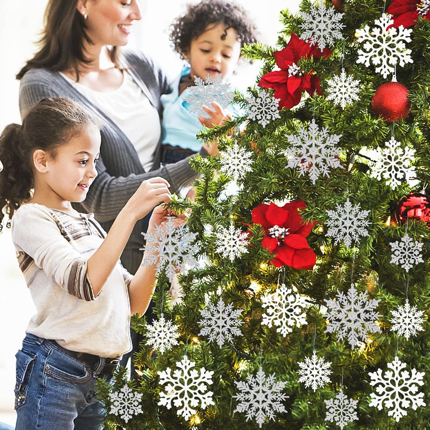 Skiennix Christmas Snowflake Ornaments - 36 Pcs Glittering White & Silver Hanging Decor for Holiday Home & Parties