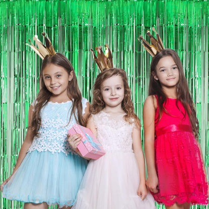 Voircoloria Green Foil Fringe Backdrop Curtains - 3 Pack Tinsel Streamers for Parties & Events | 3.3x8.2 Feet