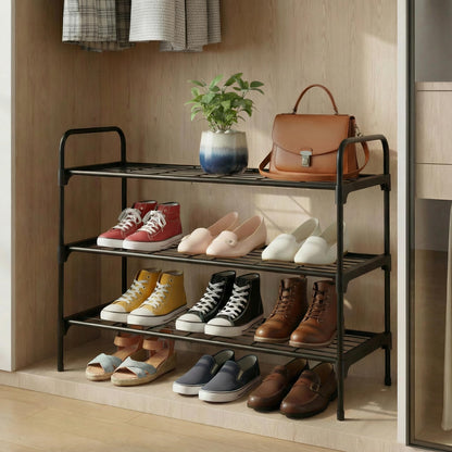 Tujurich 3-Tler Shoe Rack Organlzer, Rustproof lron, Spaclous Shoe Storage Shelf for Closet or Entryway, Fits Sneakers & Slippers, Black