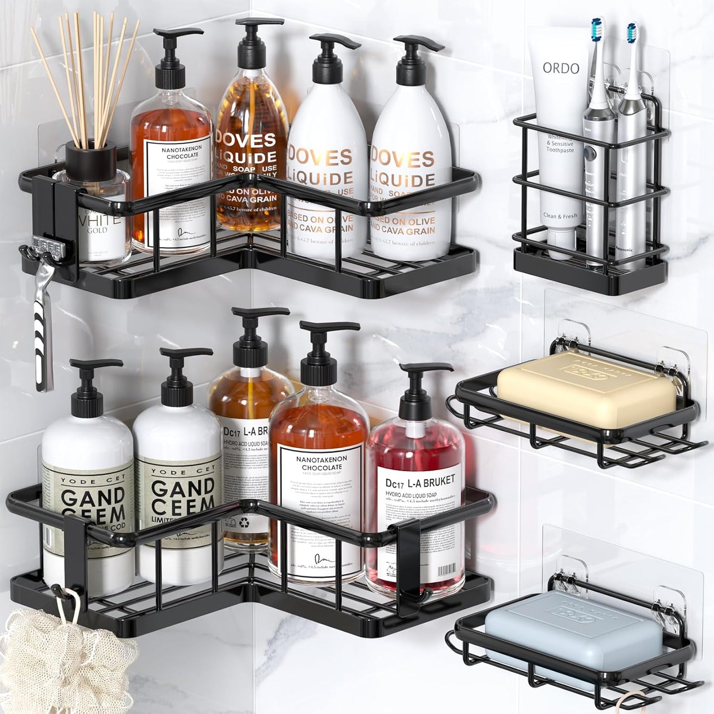 YASONIC Corner Shower Caddy - 5-Pack Rustproof Stainless Steel Organizer with Soap Holder | No-Drill, Black