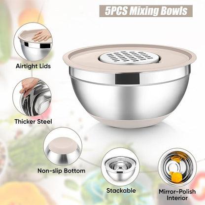 E-far Stainless Steel Mixing Bowls Set - 5-Piece Nesting Bowls with Lids & Grater Attachments | Khaki