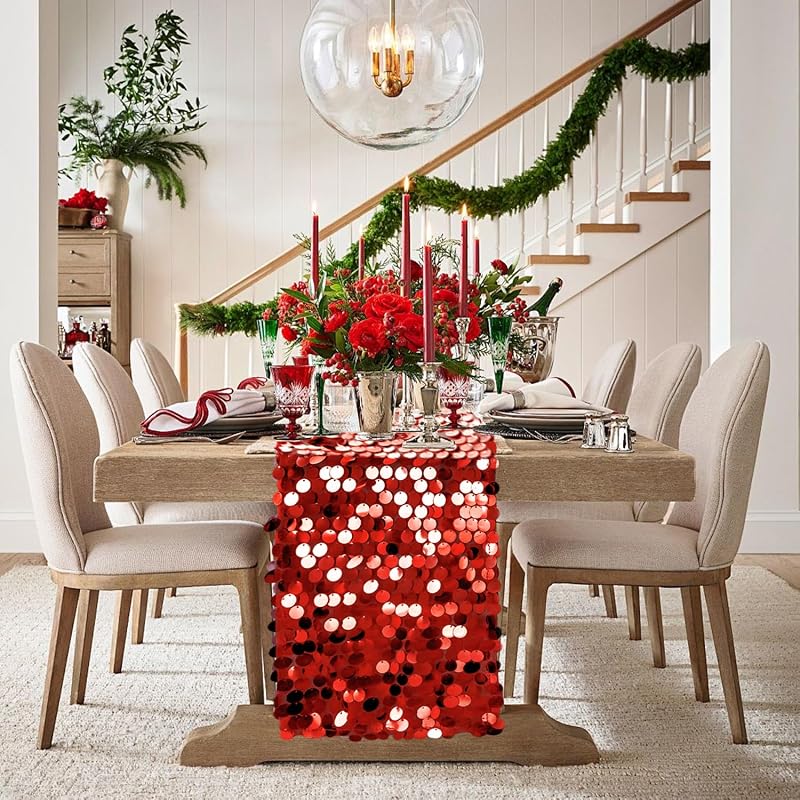 VHH Red Sequin Table Runner 12 x 108 Inches - Glitter Ribbon for Wedding Party