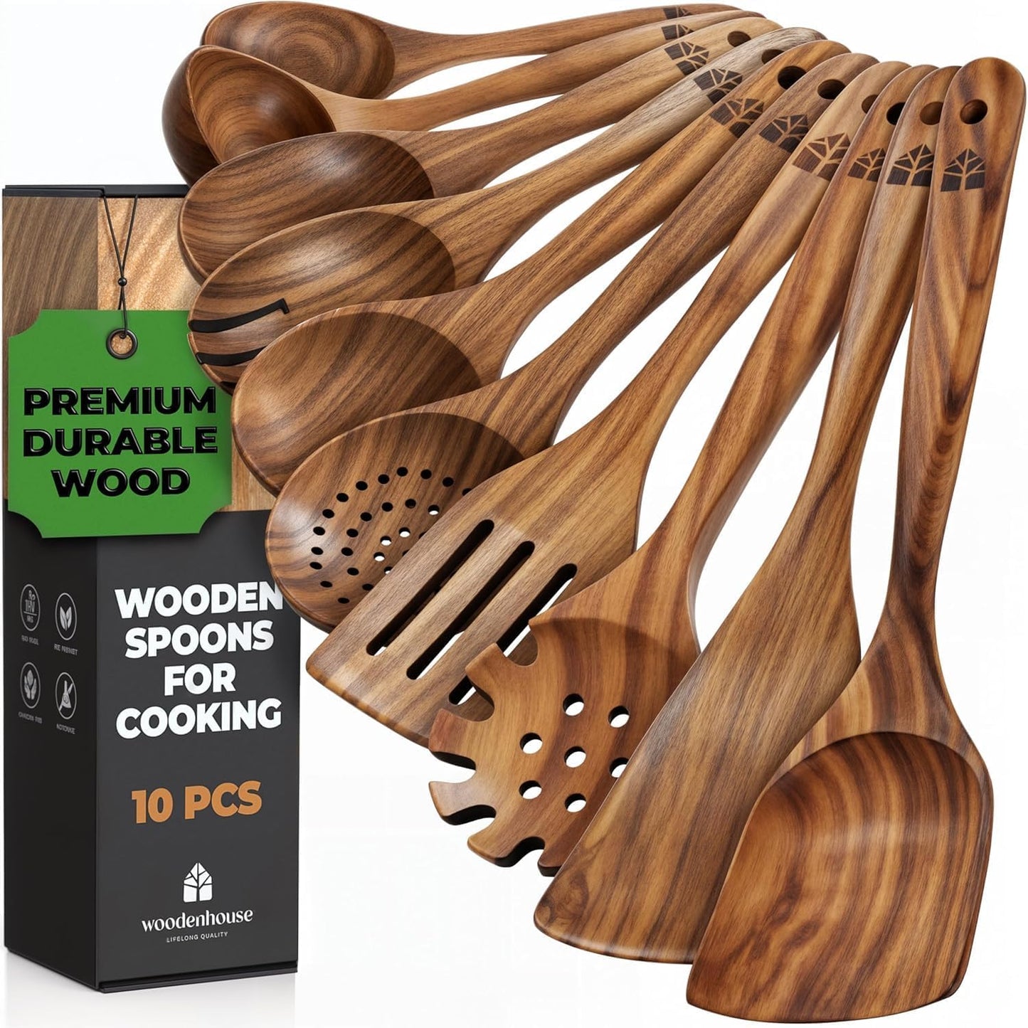 Skiennix Wooden Spoons - 10 Pc Teak Utensil Set, Durable, Nonstick & Heat Resistant with Ergonomic Handles