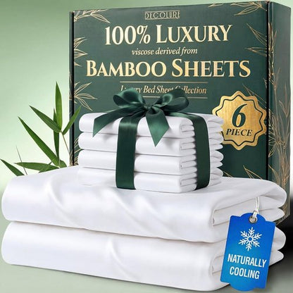 Decolure King Size Bamboo Viscose Sheets - Luxury 6 Pc Naturally Cooling Bed Set | Ultra Soft, Deep 17" Pockets, Oeko Tex Standard (White)