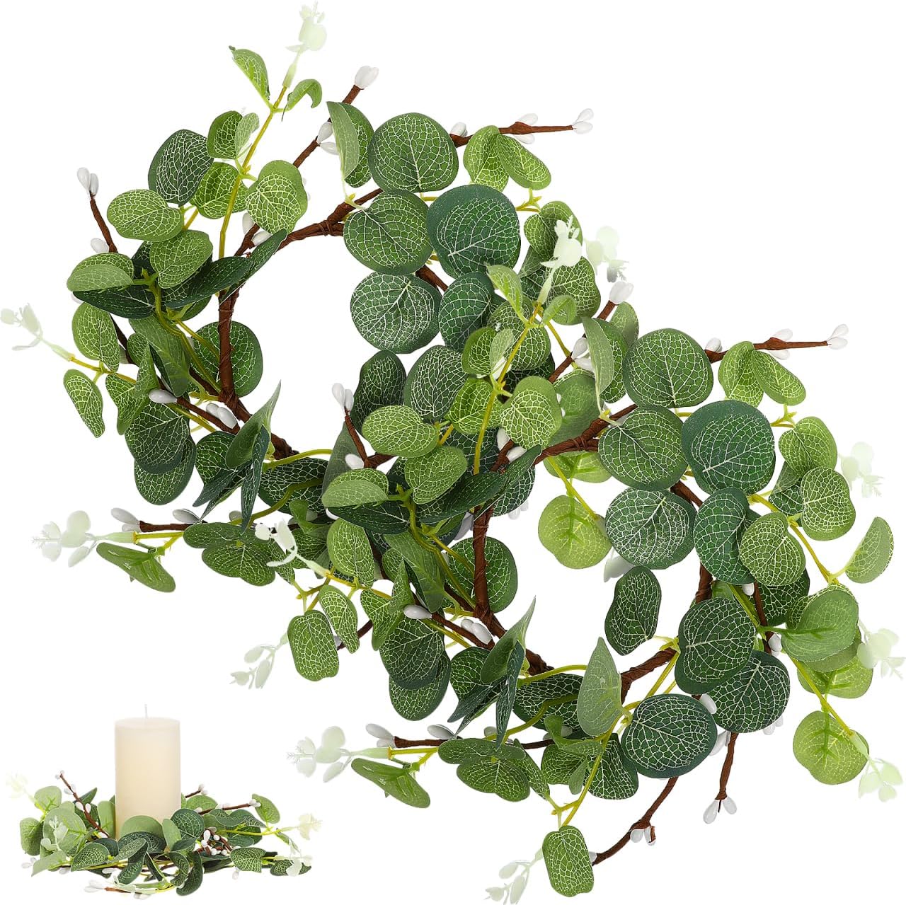 Zerodeko Easter Candle Ring Set - Eucalyptus Leaves Wreath Pillar Holders | Mini Green Decor 8cm