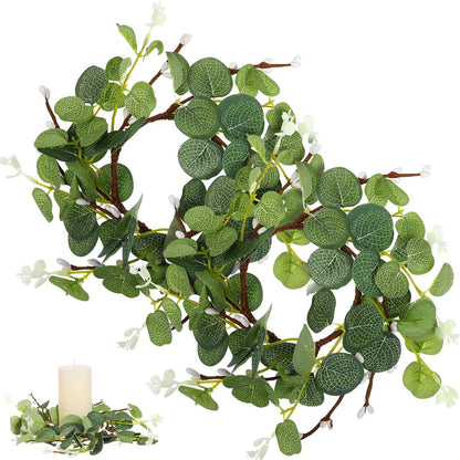 Zerodeko Easter Candle Ring Set - Eucalyptus Leaves Wreath Pillar Holders | Mini Green Decor 8cm